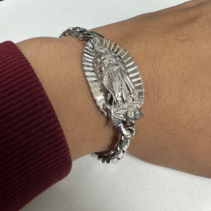 Rhodium Plated 925 Sterling Silver Our Lady of Guadalupe Cuban 9mm Bracelet